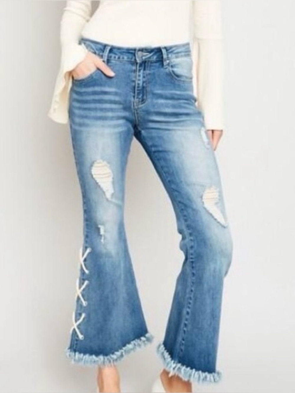 Hayden Bell Bottom Lace Up Jeans Size L Distressed Fray Hem Bohemian